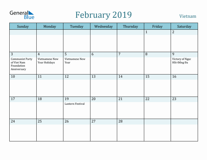 February 2019 Calendar with Holidays