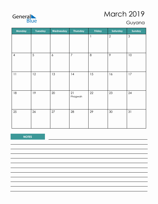 Calendar with Notes Printable - Monday Start