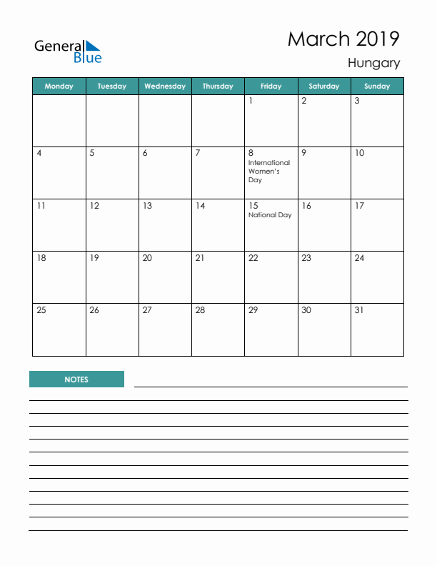 Calendar with Notes Printable - Monday Start