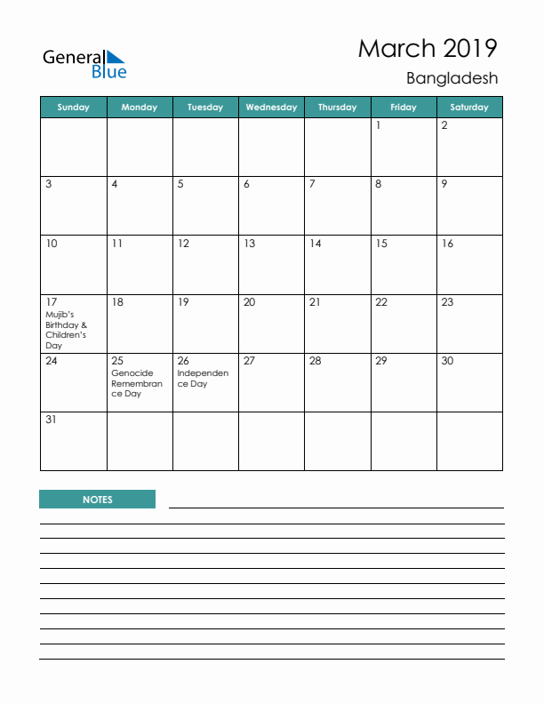 Calendar with Notes Printable - Sunday Start