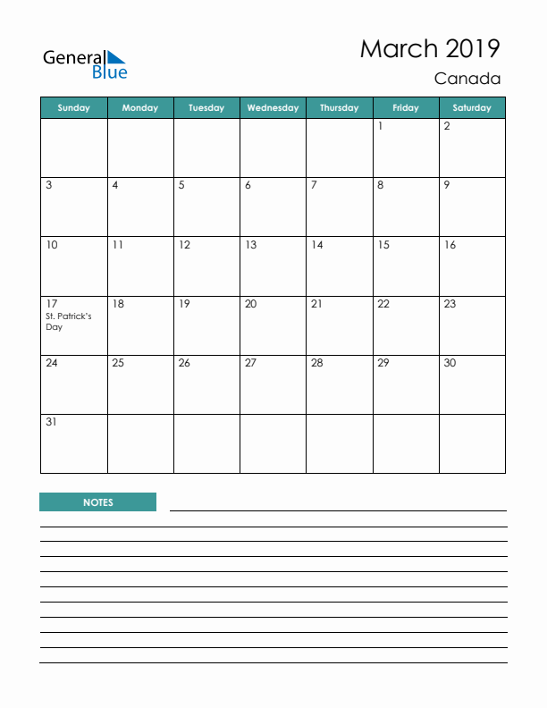 Calendar with Notes Printable - Sunday Start