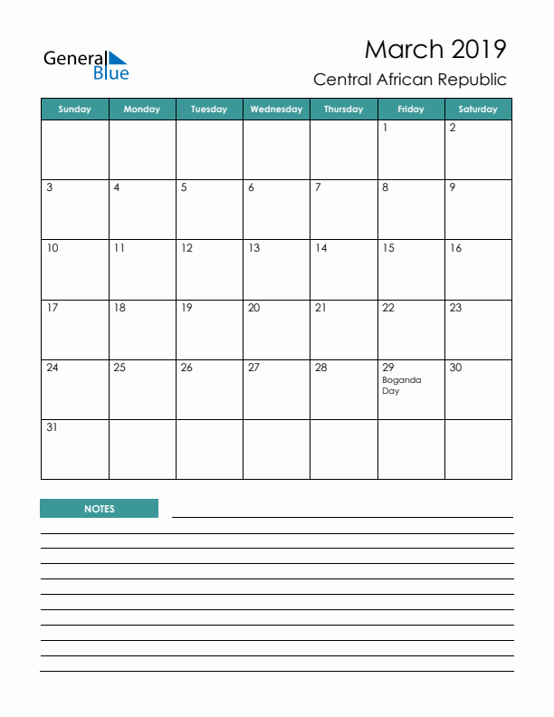 Calendar with Notes Printable - Sunday Start