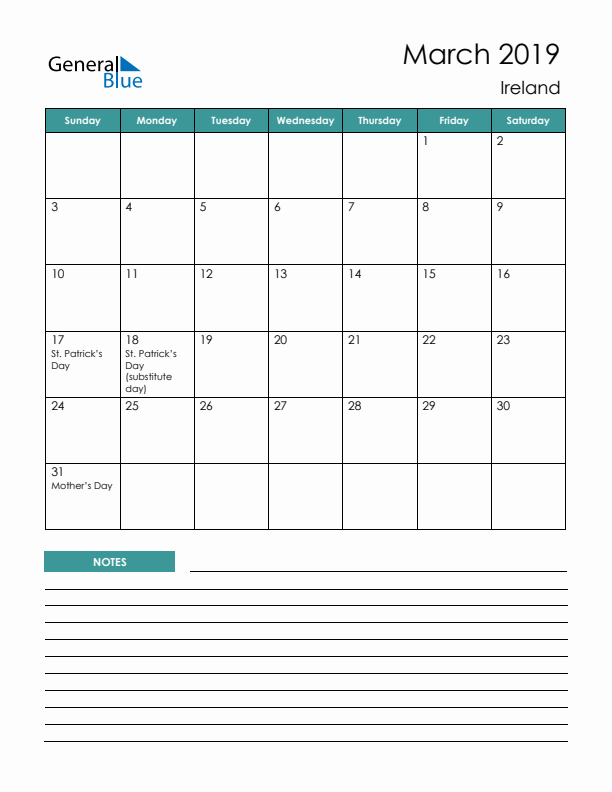 Calendar with Notes Printable - Sunday Start