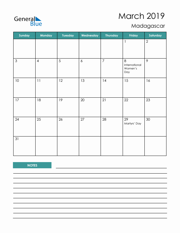 Calendar with Notes Printable - Sunday Start