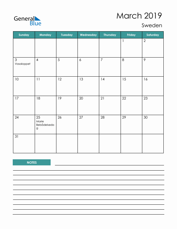 Calendar with Notes Printable - Sunday Start