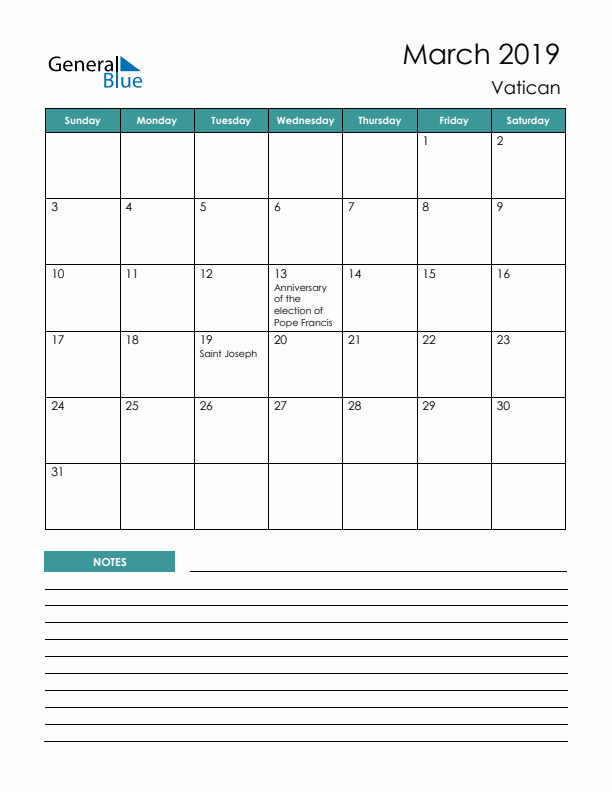 Calendar with Notes Printable - Sunday Start