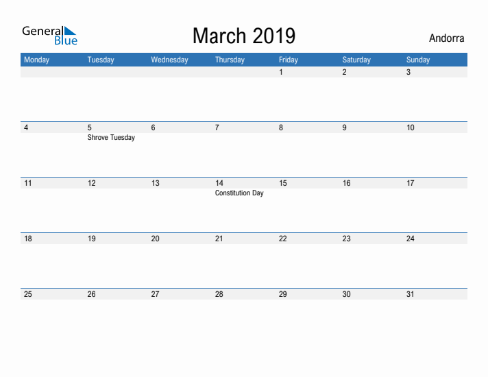 Fillable March 2019 Calendar