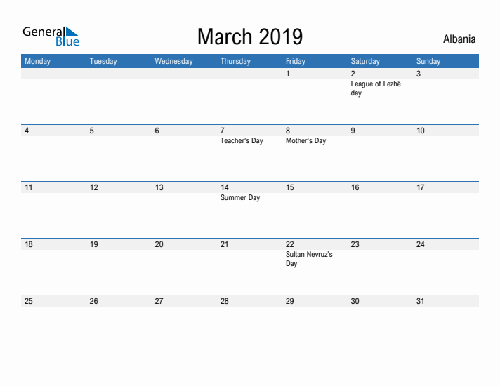 Fillable March 2019 Calendar