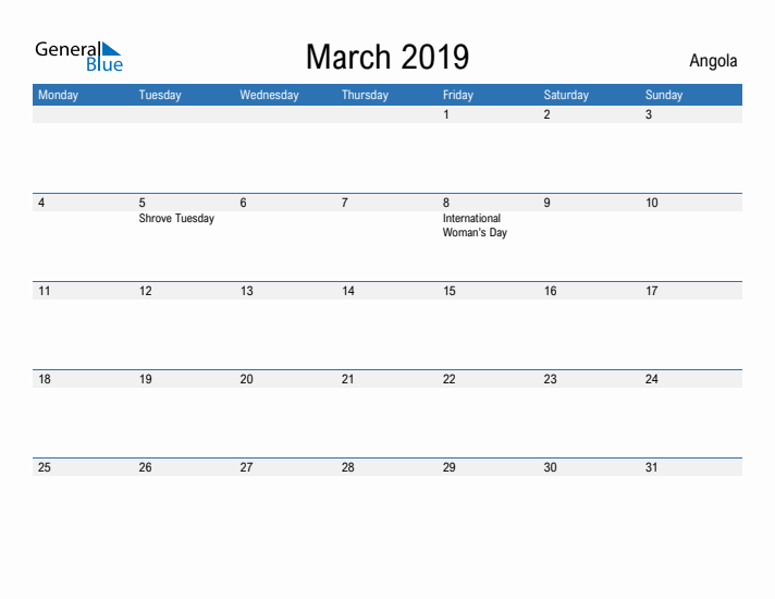 Fillable March 2019 Calendar