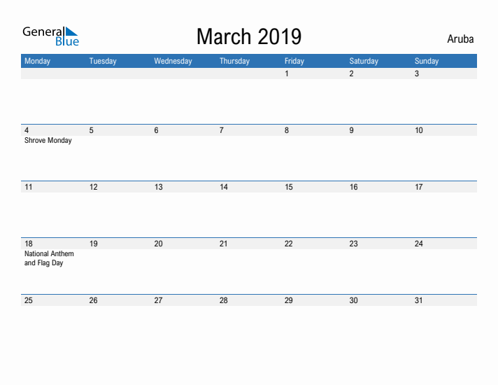 Fillable March 2019 Calendar