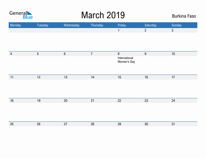 Fillable March 2019 Calendar