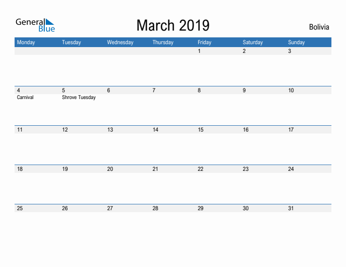 Fillable March 2019 Calendar