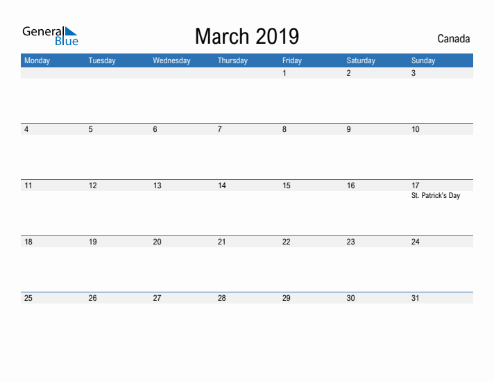 Fillable March 2019 Calendar