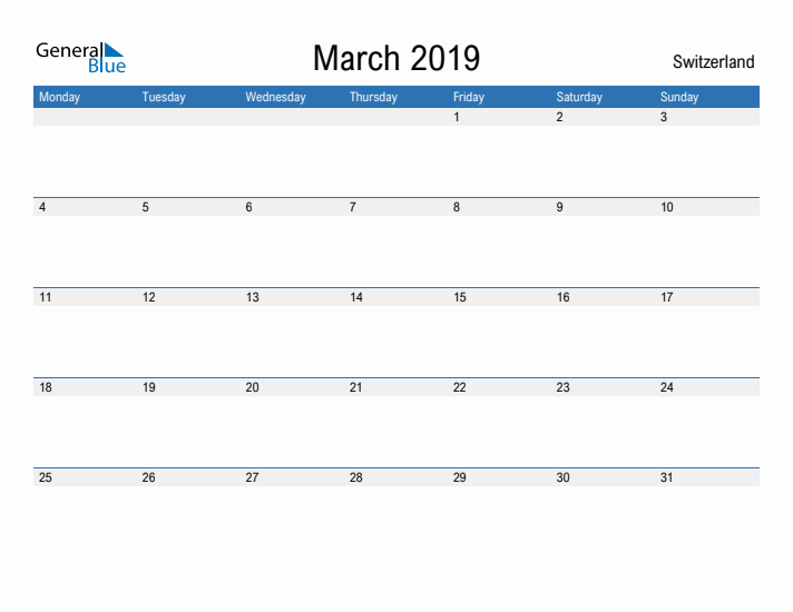 Fillable March 2019 Calendar