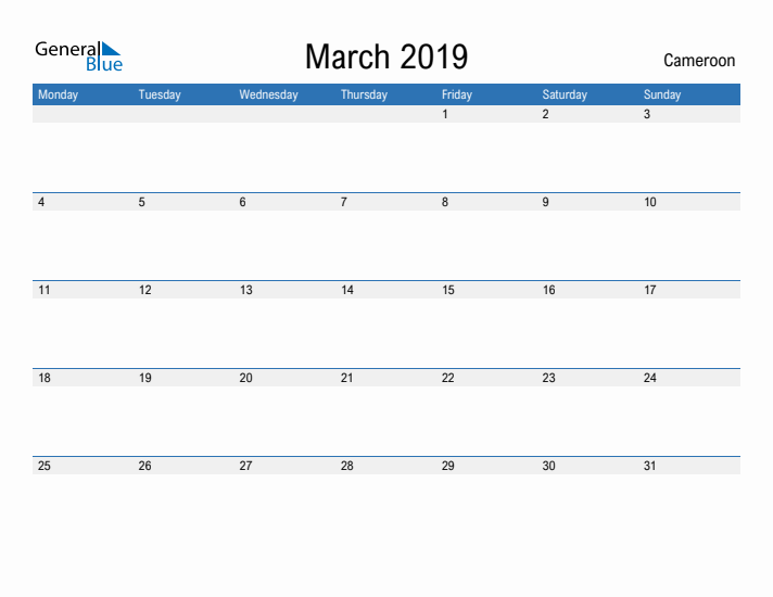 Fillable March 2019 Calendar