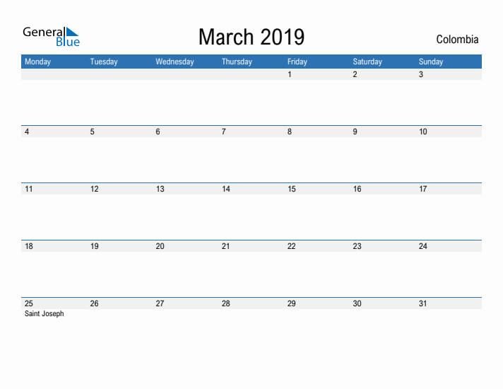 Fillable March 2019 Calendar