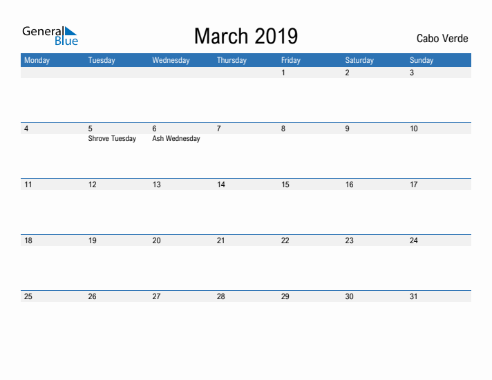 Fillable March 2019 Calendar