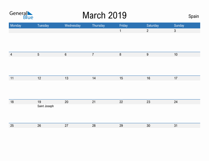 Fillable March 2019 Calendar