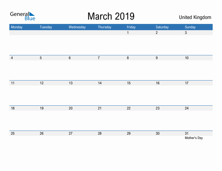 Fillable March 2019 Calendar