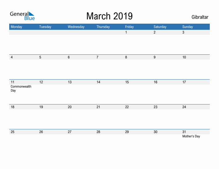 Fillable March 2019 Calendar