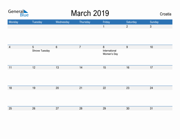 Fillable March 2019 Calendar