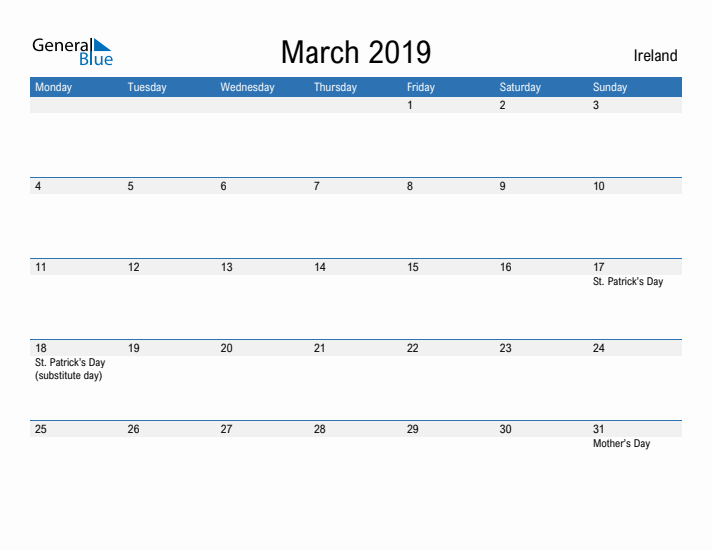 Fillable March 2019 Calendar