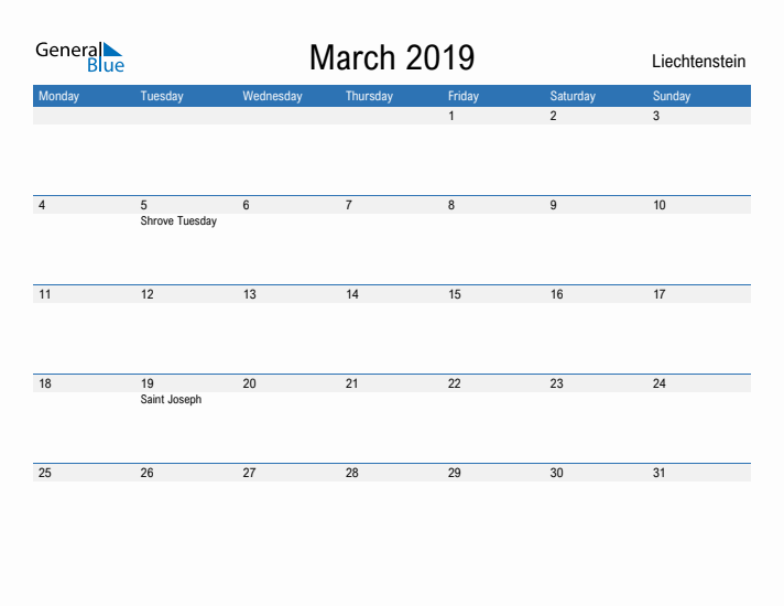 Fillable March 2019 Calendar