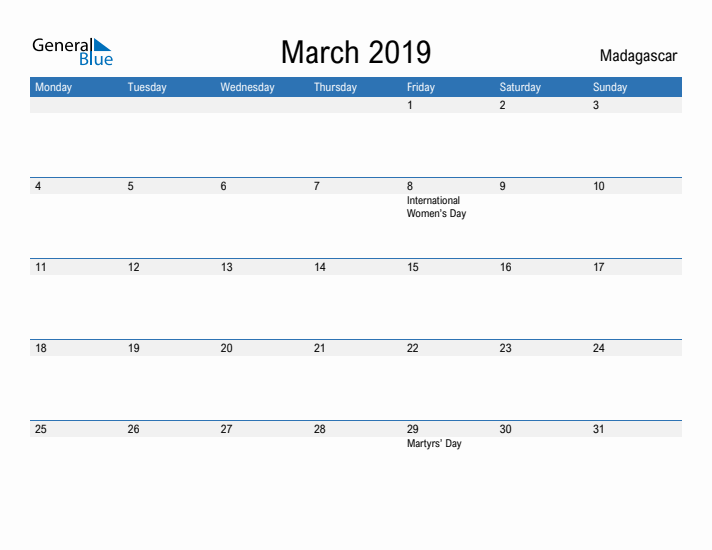 Fillable March 2019 Calendar