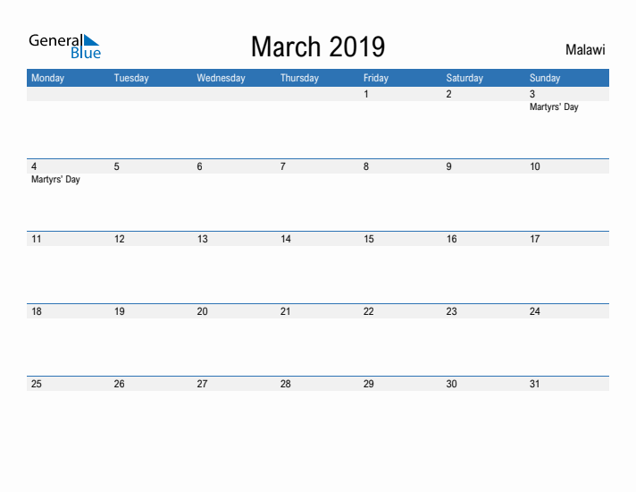 Fillable March 2019 Calendar