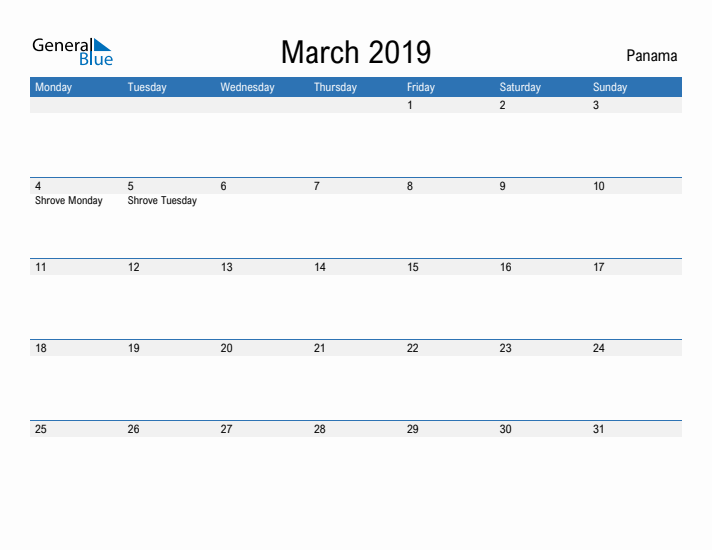 Fillable March 2019 Calendar