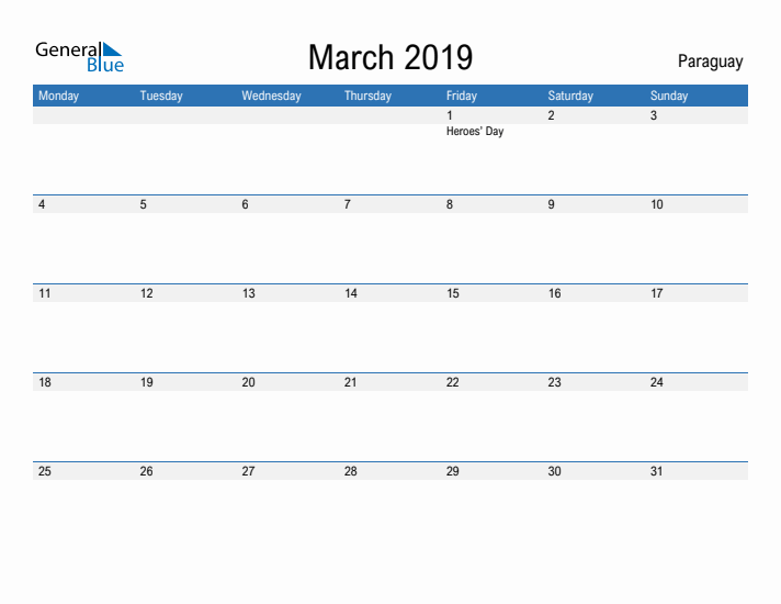 Fillable March 2019 Calendar