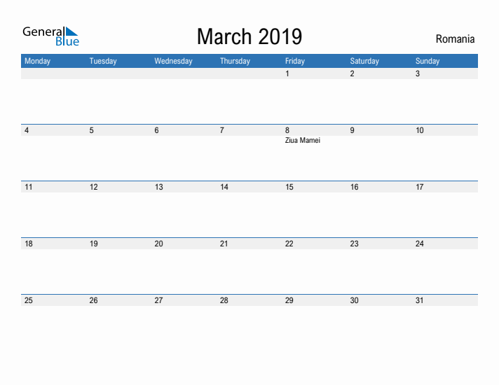 Fillable March 2019 Calendar