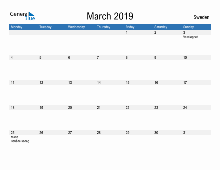 Fillable March 2019 Calendar