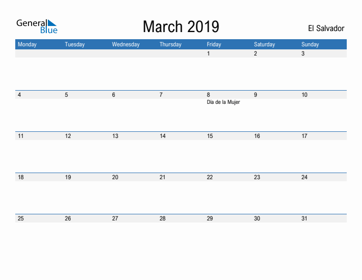 Fillable March 2019 Calendar