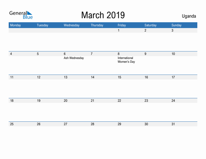 Fillable March 2019 Calendar