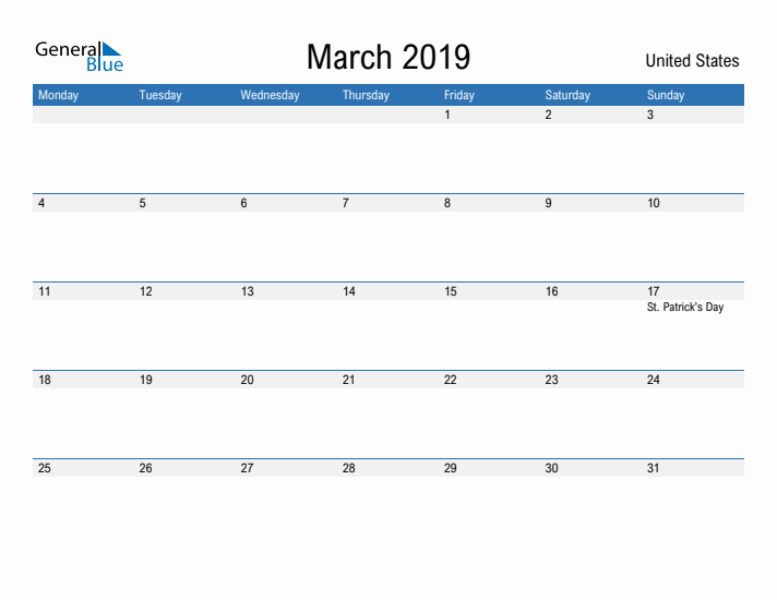 Fillable March 2019 Calendar