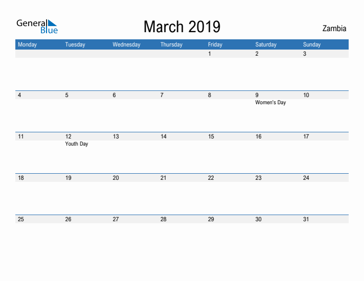 Fillable March 2019 Calendar