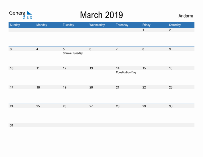 Fillable March 2019 Calendar