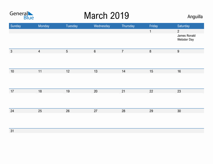 Fillable March 2019 Calendar