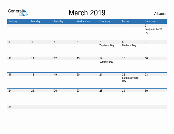 Fillable March 2019 Calendar