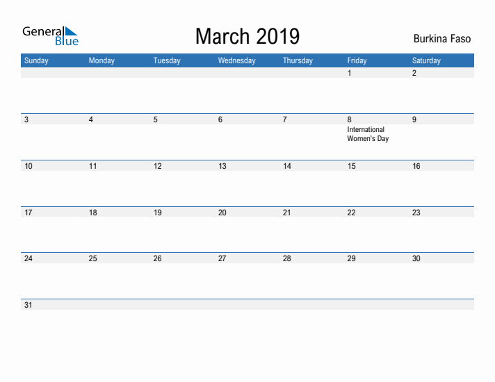 Fillable March 2019 Calendar