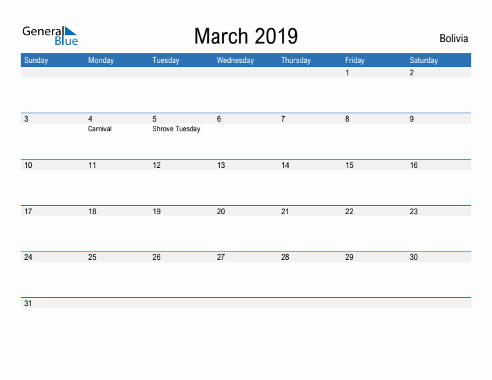 Fillable March 2019 Calendar