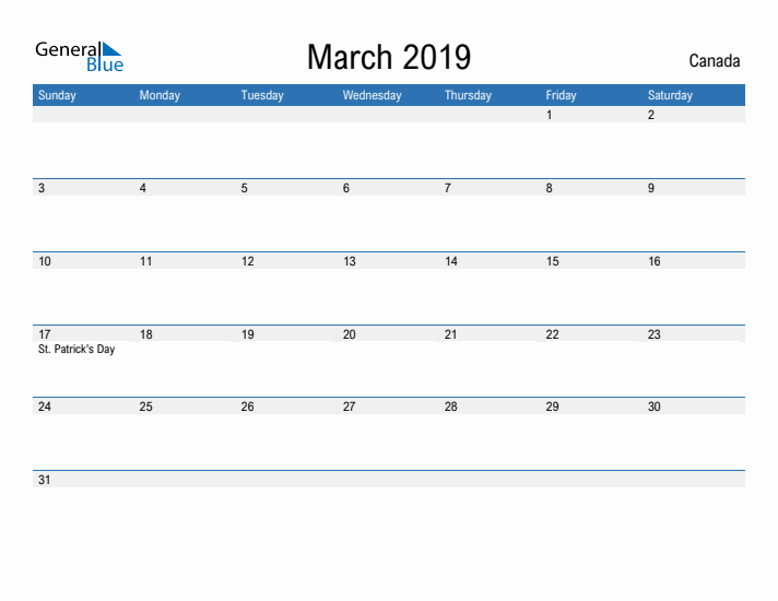 Fillable March 2019 Calendar