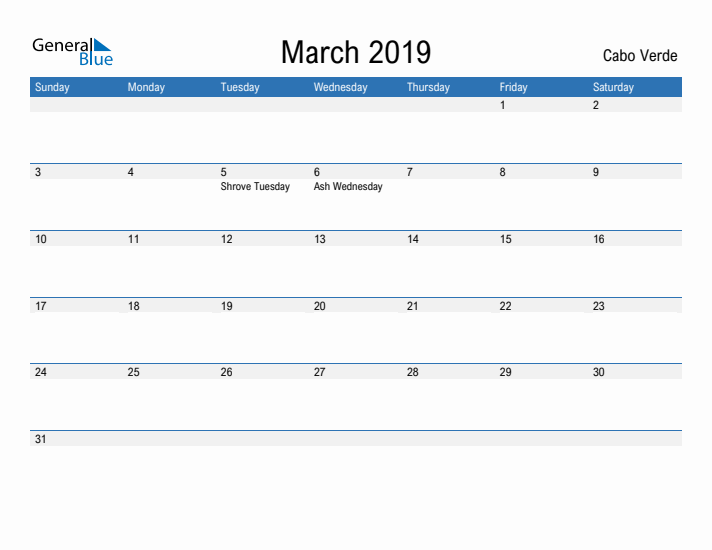 Fillable March 2019 Calendar