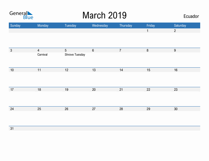 Fillable March 2019 Calendar