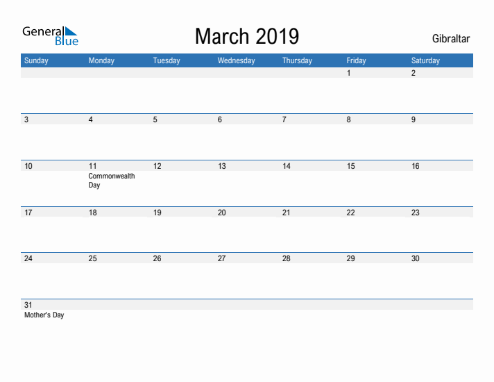 Fillable March 2019 Calendar