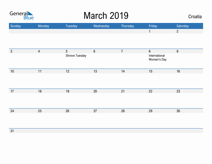 Fillable March 2019 Calendar