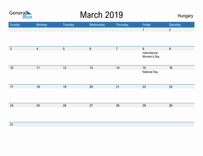 Fillable March 2019 Calendar