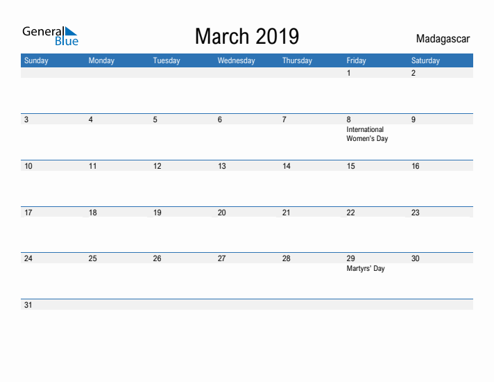 Fillable March 2019 Calendar