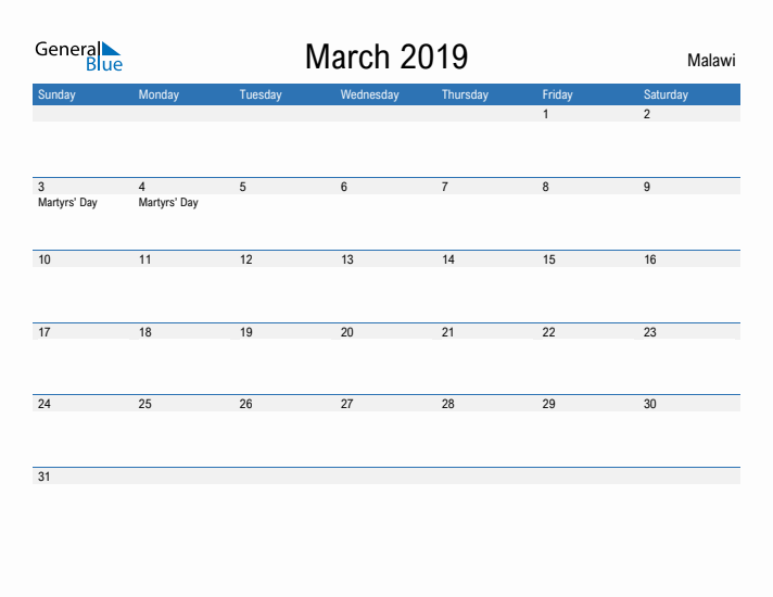 Fillable March 2019 Calendar